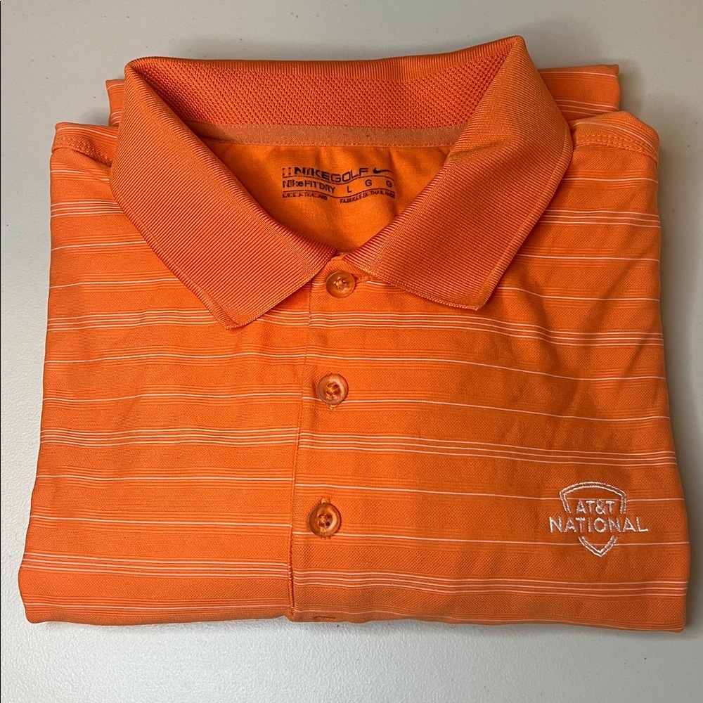 Nike Golf Fit Dry AT&T Pebble Beach Logo Polo Orange/White Stripe Size Large